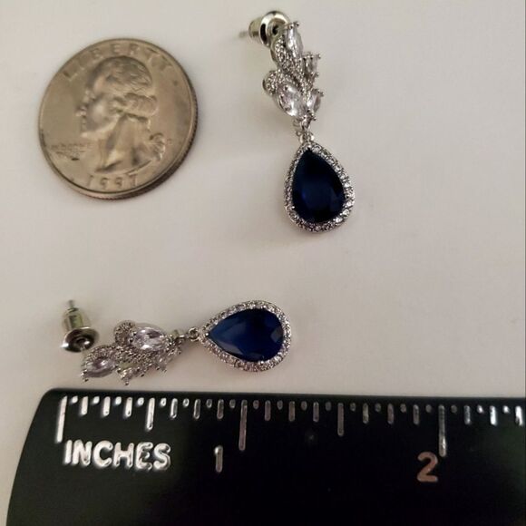 New Womens Blue Sapphire & White Diamond Drop Stud Earrings 925 Sterling Silver - Picture 2 of 2